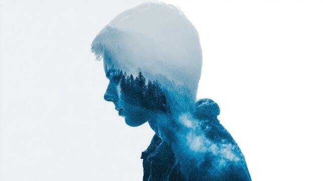 A silhouette of a person with a mountainous background, creating a sense of solitude and introspection.