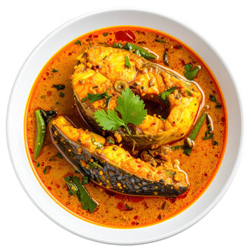 Pabda fish curry, a delicate bangladeshi dish in a light spiced gravy with potatoes, isolated on a white background