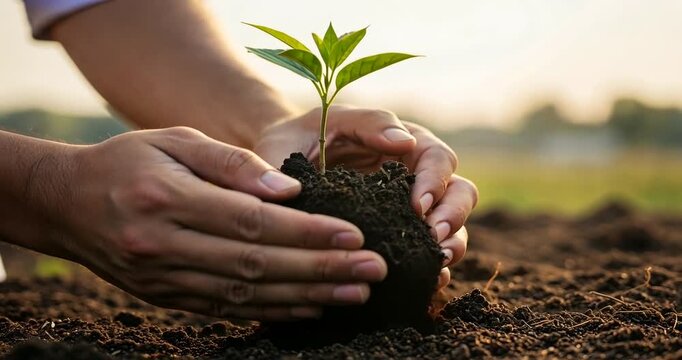 Hands gently planting a young seedling into rich soil during sunset in a serene field