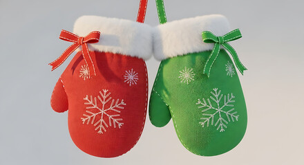 Cozy knitted christmas mittens, one red and one green, adorned with snowflakes and bows, perfect for winter holidays
