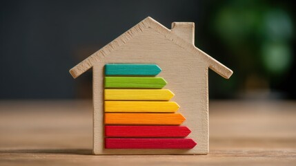 A wooden house model with energy efficiency rating bars on it.