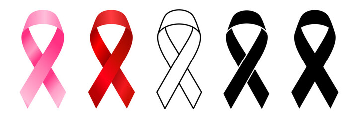 Breast cancer awareness pink ribbon icon, label, logo, badge, sign, symbol, poster, flyer, banner, campaign, line, flat vector, isolated illustration. Ribbon cancer with loop on white background.