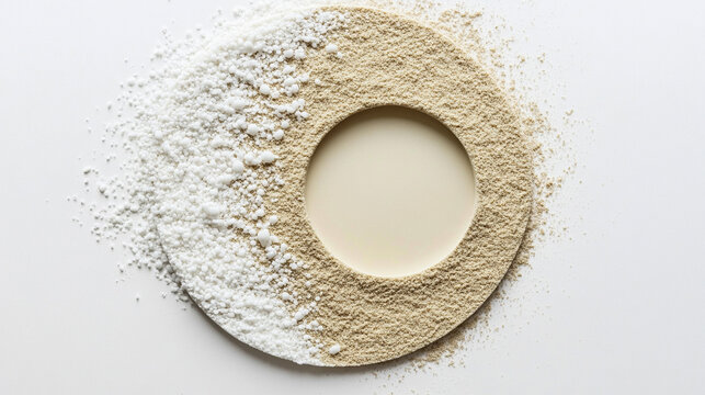 A delicate circle of sand floating in infinite white space symbolizing balance time and impermanence minimal art evoking mindfulness calmness and the beauty of natural order within simplicity