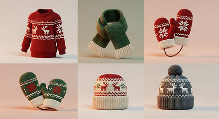 Cozy knitted winter clothing set including sweater, scarf, mittens, and hats for cold weather