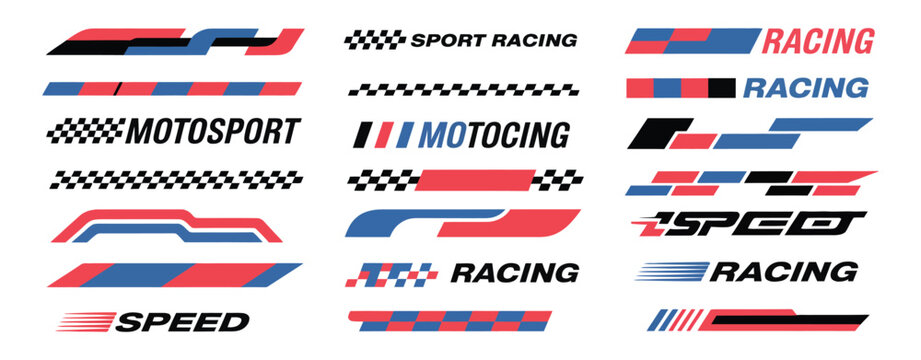 High-speed car graphics with racing stripes, checkered patterns, and dynamic vector decals for vehicle tuning