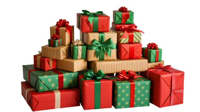 Exciting holiday gifts piled high with vibrant ribbons and festive wrapping paper