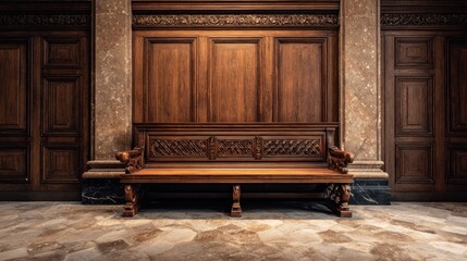 A wooden bench with intricate carvings in a grand, ornate room with marble walls and columns.