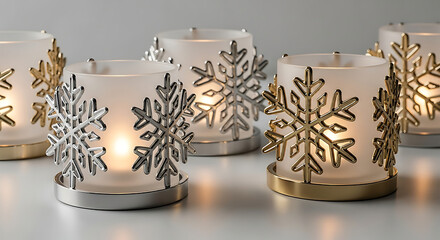 Frosted glass votive candle holders with snowflake designs in silver and gold finishes, creating a festive winter ambiance
