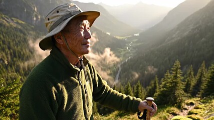 Senior Hiker Enjoying Mountain View - An elderly Asian man, wearing a hat and jacket, gazes out at a scenic mountain vista. He holds a hiking stick, enjoying the view of the valley below. - Powered by Adobe