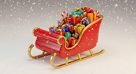 Santas sleigh overflowing with colorful christmas gifts and candy canes, falling snow, festive holiday celebration