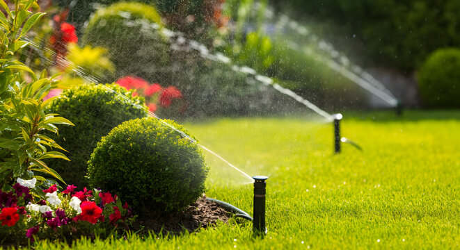 Garden sprinklers watering plants closeup