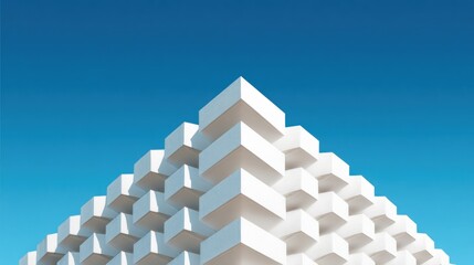 A white pyramid with white cubes on a blue sky background.