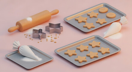 Baking supplies for cookies, including rolling pin, cutters, and piping bag