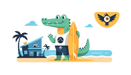 Friendly alligator with surfboard waves hello on sunny beach near modern house, embodying fun summer lifestyle and adventure