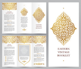Elegant Gold Eastern Vintage Brochure Template - Ornate Mandala Border Designs for Tri-Fold Booklet Layout
