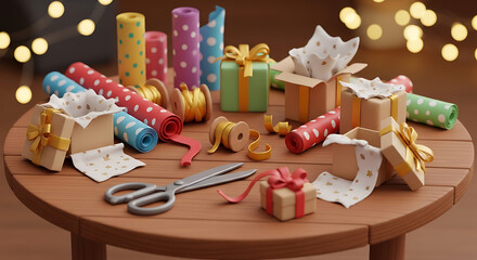 Gift wrapping supplies on a wooden table with bokeh lights in the background