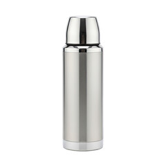 Silver Stainless Steel Thermos Bottle with White Cap Isolated on Transparent Background Clean Product Shot Reflective Surface