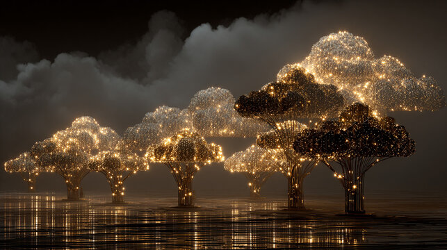 Glowing data trees rise into a digital sky symbolizing cloud storage connectivity and information growth blending technology and nature in a futuristic visualization of data networks and virtual ecosy