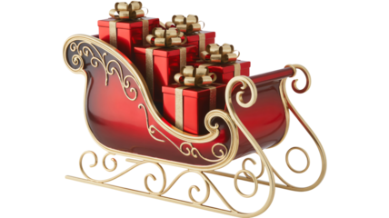 Festive red sleigh overflowing with sparkling gold ribbon gift boxes
