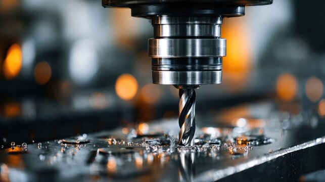 A metal drill bit in motion on a metal surface with a blurred background.