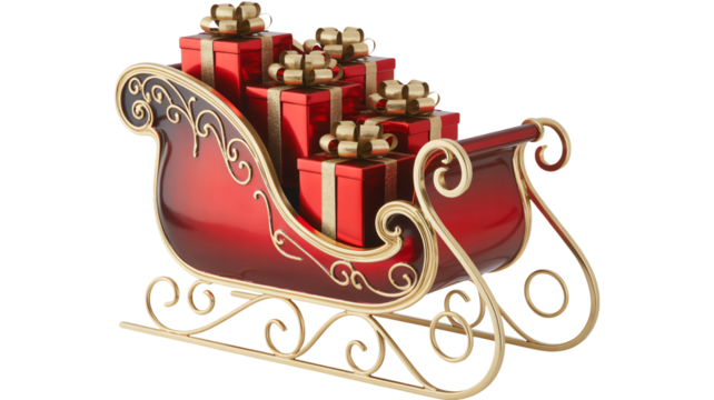 Festive red sleigh overflowing with sparkling gold ribbon gift boxes