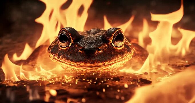 A close-up of a frog emerging from flames, showcasing vibrant colors and intense heat
