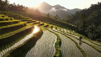 national farmers day traditional farmer walking across rice terraces at sunset