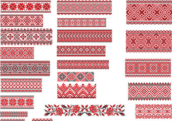 Traditional Ukrainian Vyshyvanka Embroidery Border Patterns - Red White Geometric Folk Motifs Vector Set
