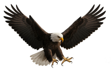 Obraz premium Bald eagle flying with outstretched wings, symbolizing freedom, strength, and patriotic spirit on a transparent background