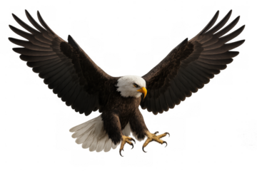 Bald eagle flying with outstretched wings, symbolizing freedom, strength, and patriotic spirit on a transparent background