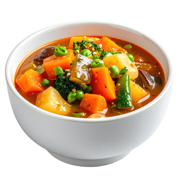 Saksuka, a traditional turkish vegetable stew with tomatoes, eggplants, and peppers, isolated on white background