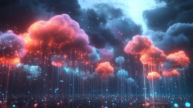 Glowing data trees rise into a digital sky symbolizing cloud storage connectivity and information growth blending technology and nature in a futuristic visualization of data networks and virtual ecosy