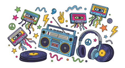 Vibrant retro boombox, vinyl records, and cassette tapes burst with colorful nostalgic energy for a fun 80s party vibe
