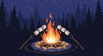 Cozy campfire with marshmallows toasting under a starry night sky amidst a serene forest silhouette