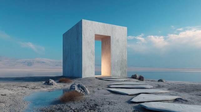 A minimalist concrete cube with a single light source casting a warm glow, standing on a rocky, sandy beach with a calm ocean in the background.
