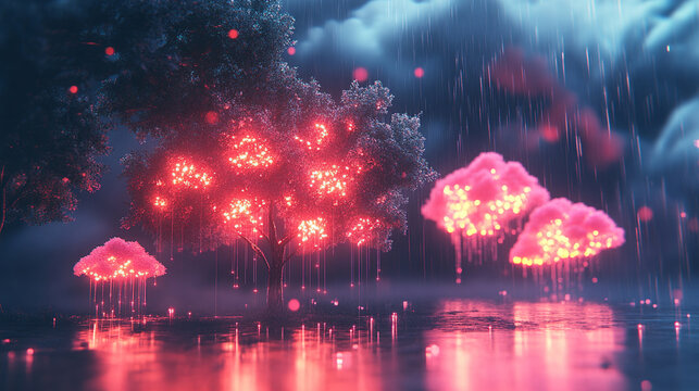 Glowing data trees rise into a digital sky symbolizing cloud storage connectivity and information growth blending technology and nature in a futuristic visualization of data networks and virtual ecosy - Powered by Adobe