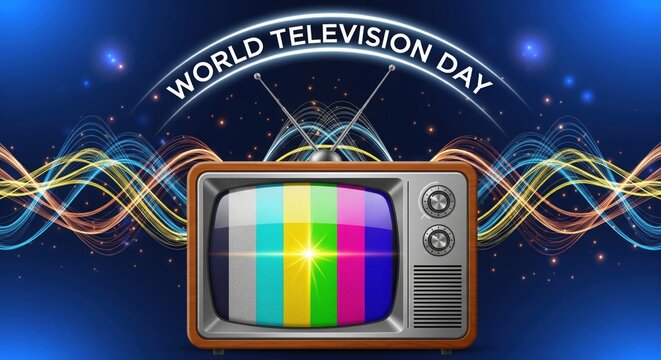 Television world television day with retro tv and light waves