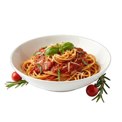 Spaghetti with tomato sauce and parmesan cheese served in a white bowl garnished with basil and cherry tomatoes against a white background with studio lighting