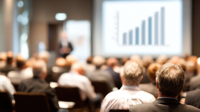 A business conference with a speaker and audience in a large auditorium.