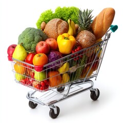 Shopping cart filled with fresh groceries