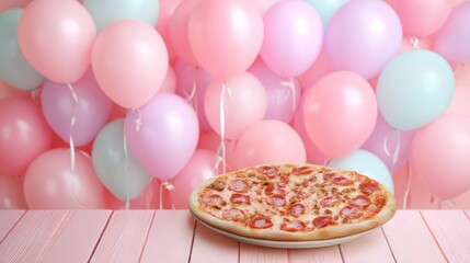 A pizza with pepperoni toppings on a wooden table in front of a colorful balloon backdrop.