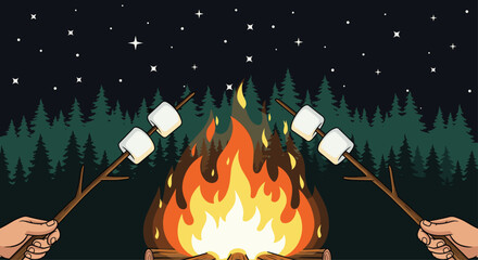 Cozy campfire scene with hands roasting marshmallows under a starry night sky and pine forest backdrop