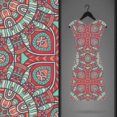Boho Mandala Pattern Dress  Vibrant Red Teal Geometric Print on Hanging Sleeveless Fashion Garment
