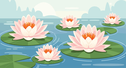 Serene pink water lilies bloom gracefully on calm blue water creating a peaceful natural landscape perfect for relaxation