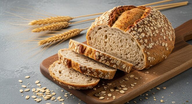 Round loaf of rustic whole grain bread with oats, sliced on a wooden board with wheat stalks and scattered oats