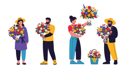 Vibrant diverse people holding colorful bouquets and floral basket, celebrating joy and connection with nature's beauty