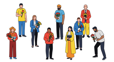 Diverse group of people joyfully holding vibrant flowers and plants, celebrating nature and connection