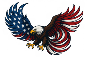 Bald eagle spreading wings with american flag stars and stripes symbolizing usa patriotism and freedom