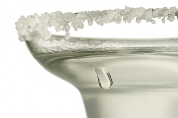 Margarita glass receiving a salt rim, showing a drop of the refreshing cocktail dripping inside, transparent background