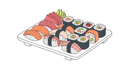 Vibrant assortment of delicious sushi and sashimi presented on a wooden platter, perfect for culinary promotions and Japanese cuisine themes